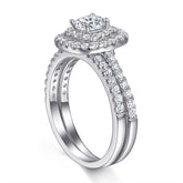Round Zircon Double Square Soleste Halo with Half Eternity Silver Ring Set